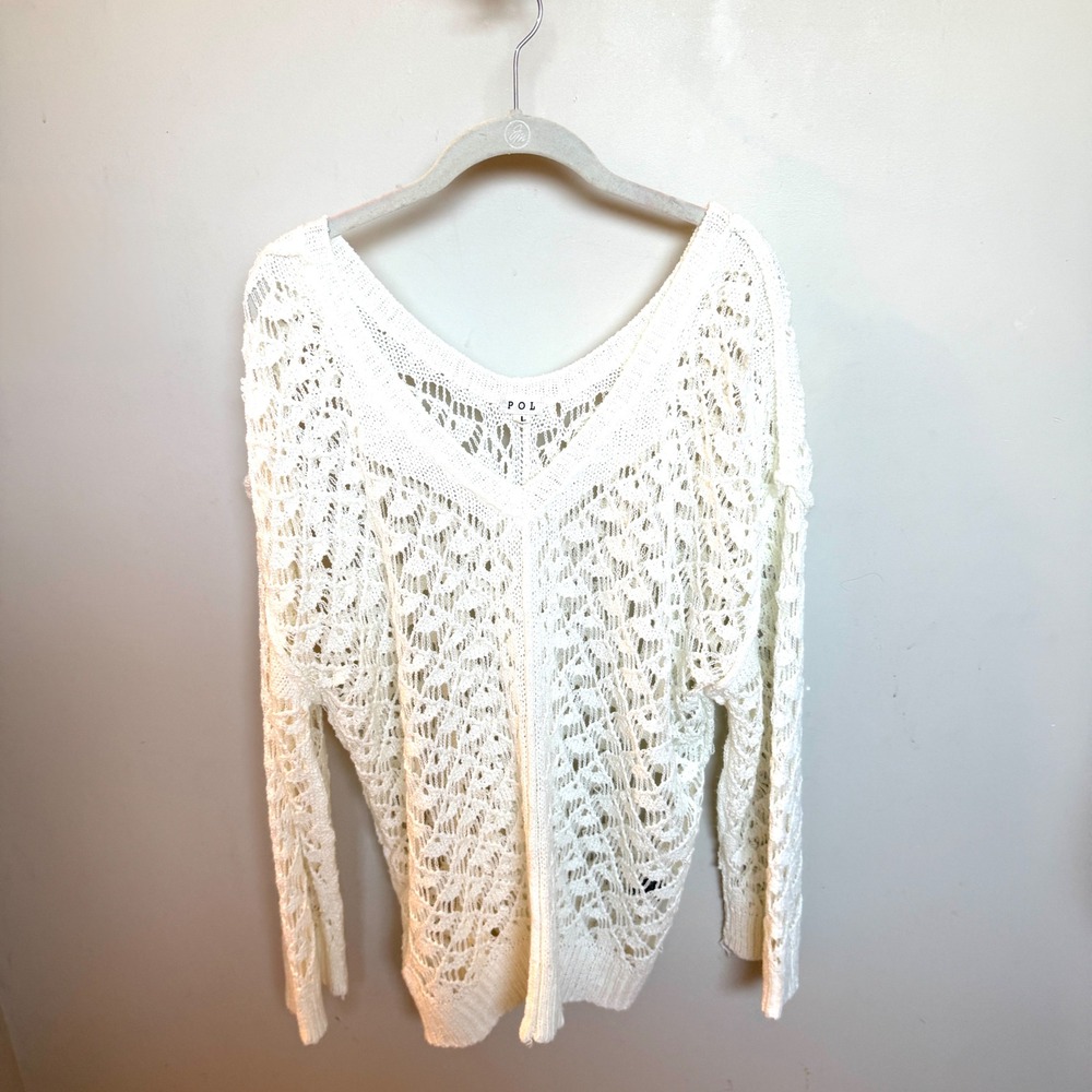 POL Womens Cream Crochet‎ Knit V-Neck Oversized Sweater Open Weave Ivory Large